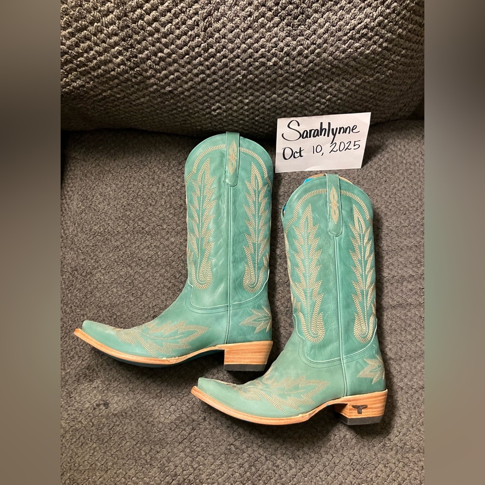 Turquoise Embroidered Heeled Boots - Picture 2 of 4